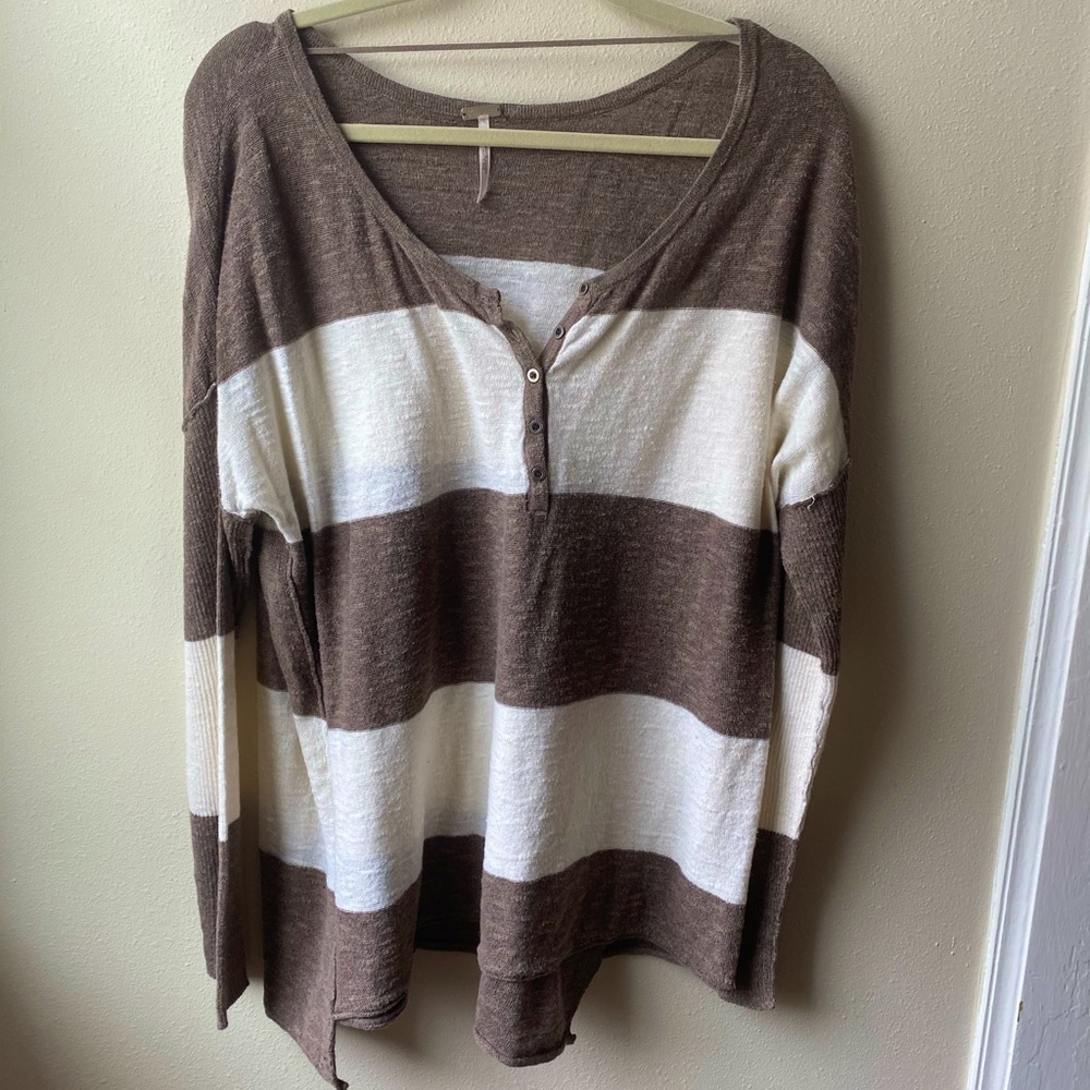 Free People Brown & Gold Rush Linen Blend Top